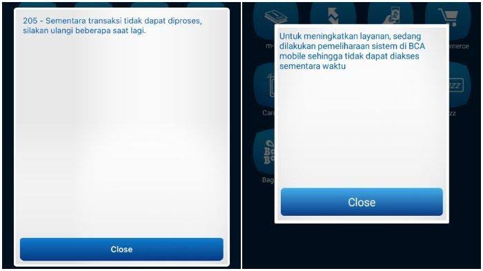 Tampilan mobile banking BCA yang mengalami error
