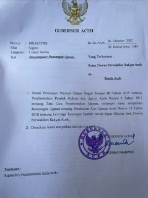 Surat pengantar Pj Gubernur Aceh Achmad Marzuki tanggal 26 Oktober 2022 yang meminta DPRA untuk merevisi Qanun LKS