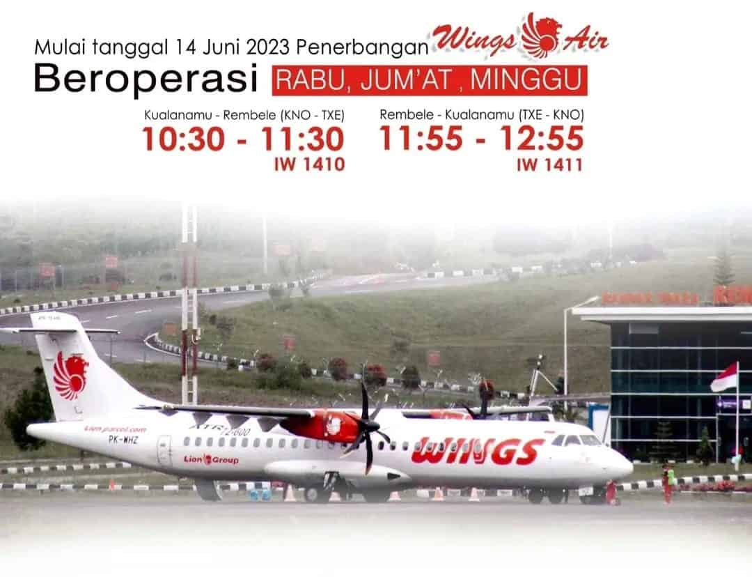 PT Wings Air kembali melayani penerbangan komersial dari Bandara Internasional Kuala Namu, Medan ke Bandara Rembele, Bener Meriah mulai 14 Juni 2023