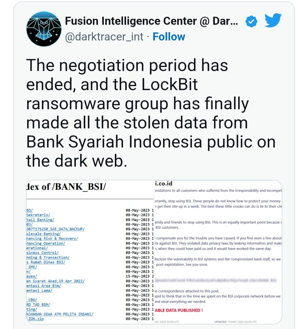 Kelompok hacker LockBit, yang mengaku menyerang sistem IT BSI mengaku menyebarkan data nasabah yang sudah dienkripsi di Dark Web