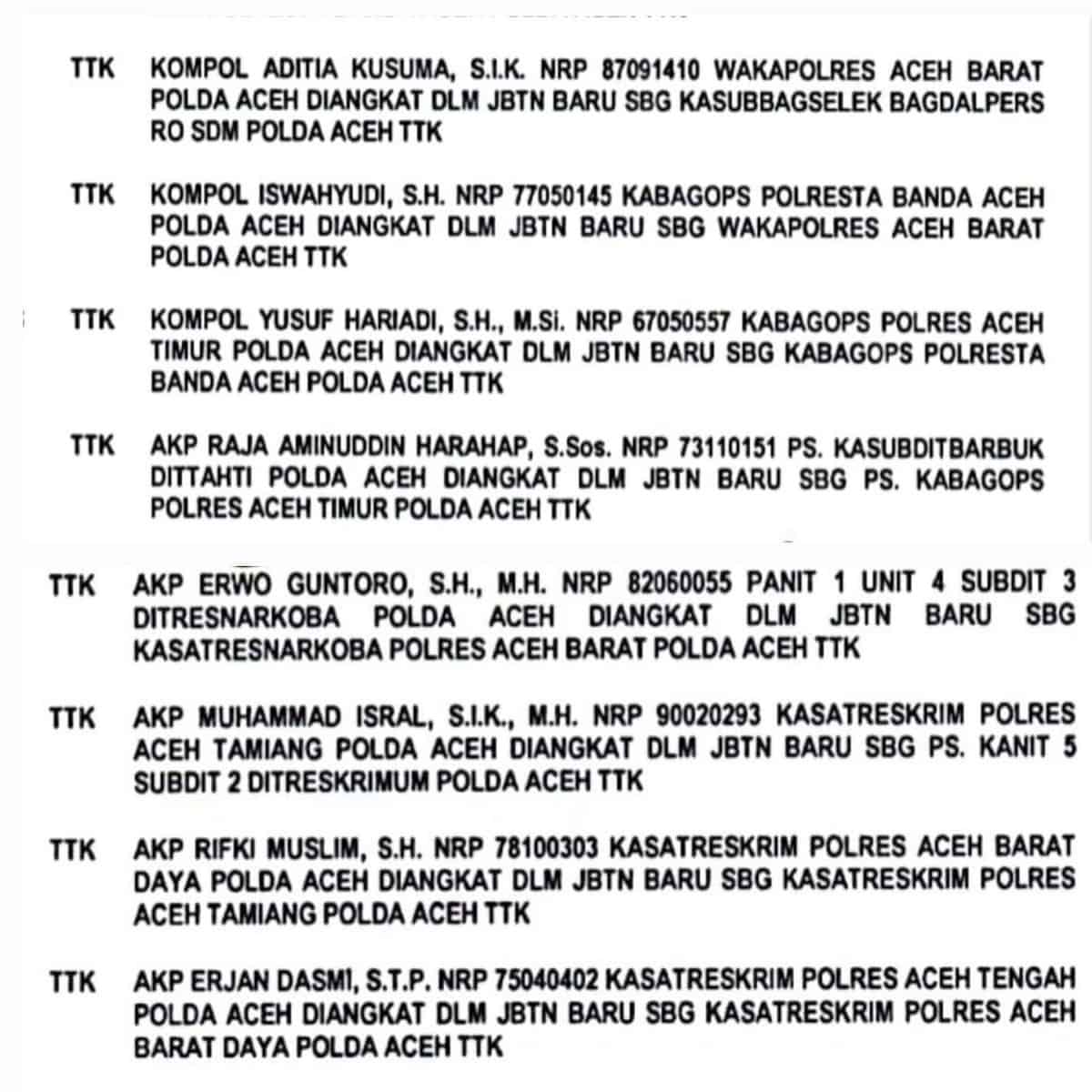 Polda Aceh melakukan mutasi perwira menengah dan pertama. Di antaranya Wakapolres Aceh Barat, Wakapolres Aceh Jaya dan Wakapolres Aceh Timur, sejumlah Kasat Reskrim, Kabag Ops, Kasat Resnarkoba serta para Kapolsek