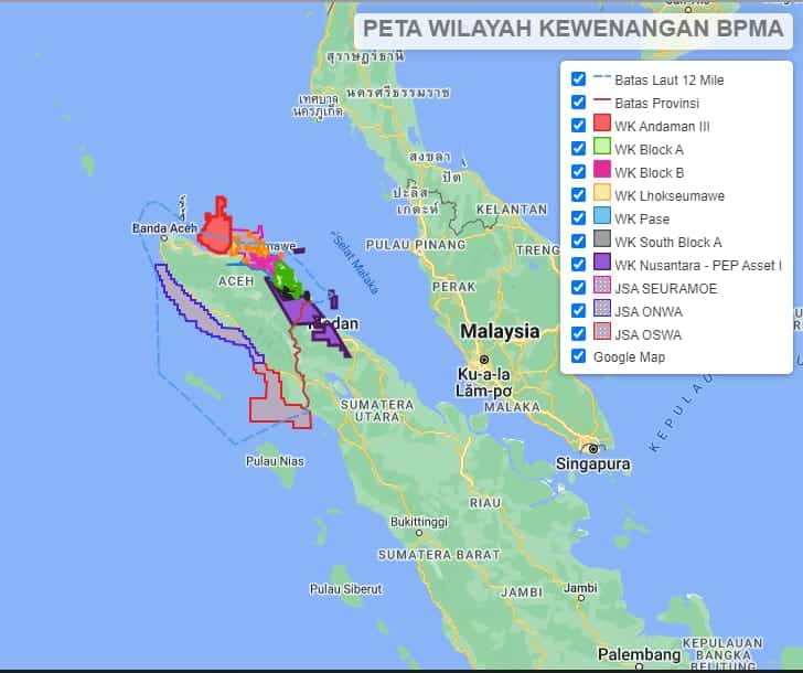 Peta Wilayah Kerja Minyak dan Gas Bumi di Aceh yang menjadi kewenangan BPMA