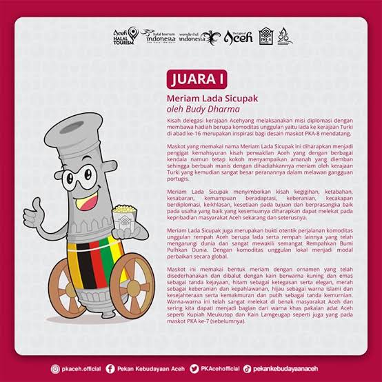 Karya desain milik Budi Dharma berjudul “Meriam Lada Sicupak” resmi ditetapkan menjadi maskot PKA ke-8