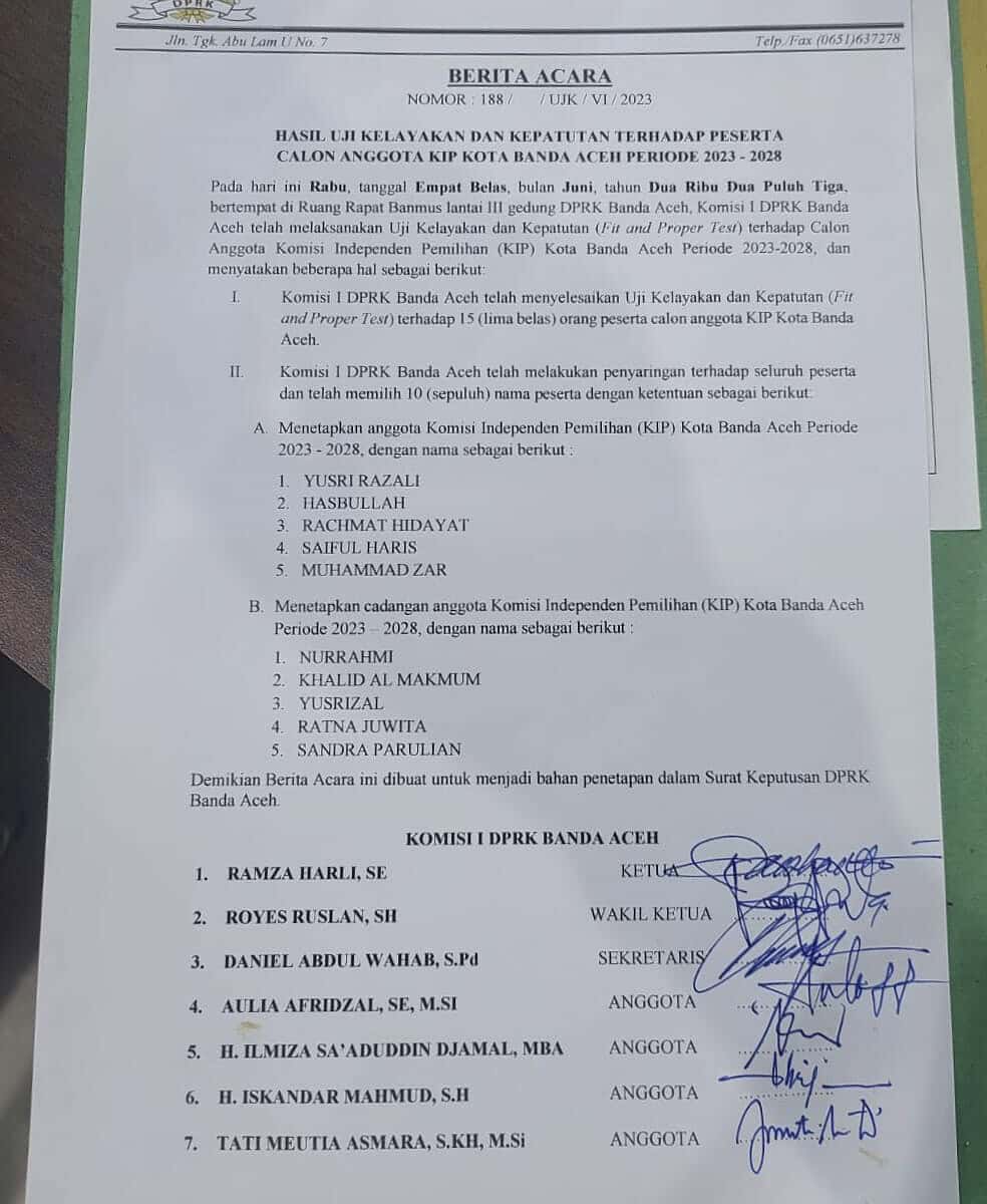 Berita Acara penetapan lima Anggota KIP Kota Banda Aceh periode 2023-2028