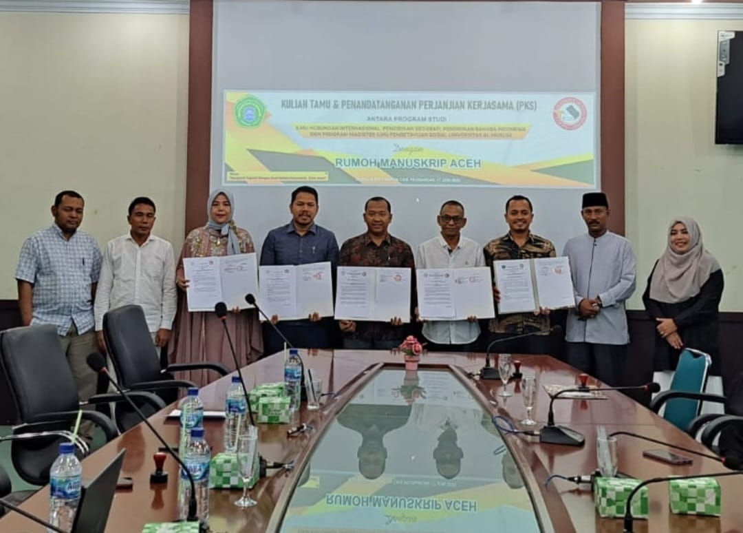 Empat Prodi Universitas Al-Muslim Bireuen melaksanakan penandatanganan Perjanjian Kerja Sama dengan Rumoh Manuskrip Aceh milik Tarmizi Abdul Hamid atau Cek Midi di Ruang Rapat Ampon Chik Peusangan, Sabtu (17/6)