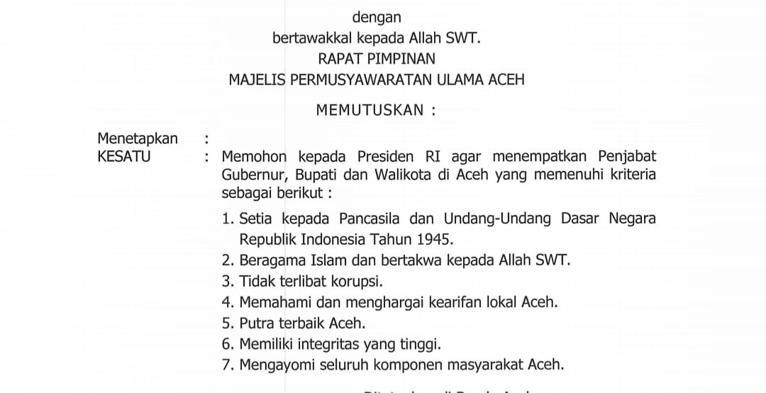 7 kriteria Pj Gubernur Aceh dan Pj Bupati Wali Kota dalam Taushiyah MPU Aceh