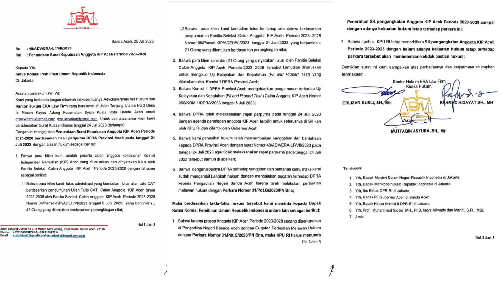 Surat permintaan agar KPU RI menunda untuk menerbitkan SK pengangkatan Anggota Komisi KIP Aceh periode 2023-2028