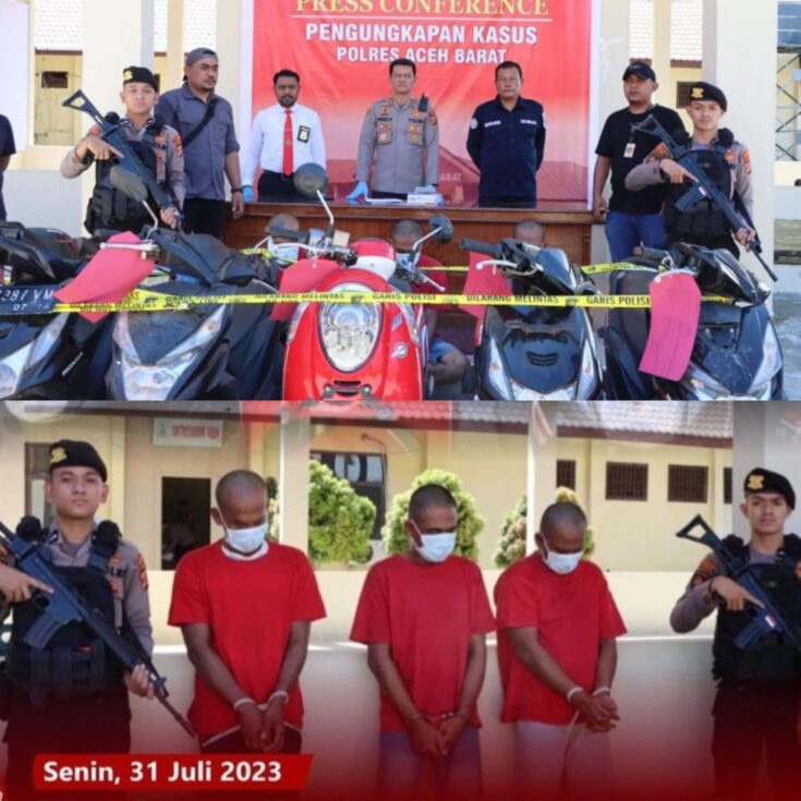Unit Resmob Satreskrim Polres Aceh Barat membongkar jaringan Curanmor antar kabupaten dan menangkap 2 orang pelaku dan 1 penadah serta turut diamankan 4 unit sepeda motor sebagai barang bukti