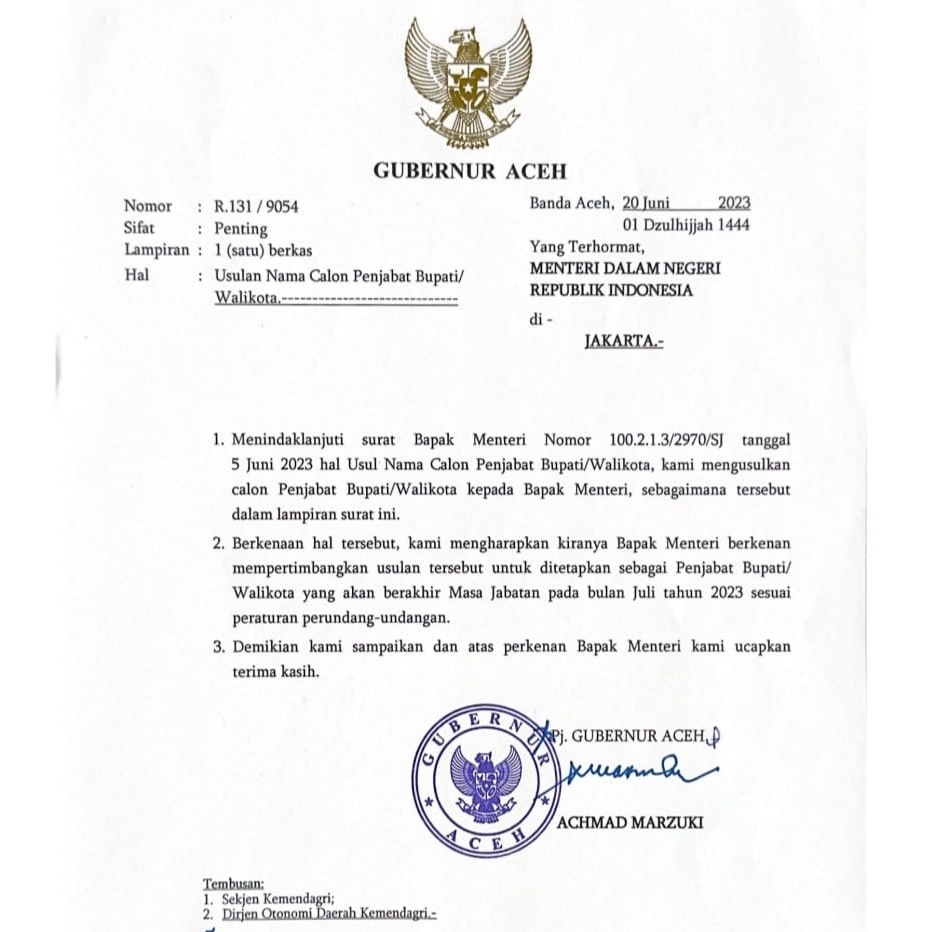 Pj Gubernur Aceh Achmad Marzuki mengusulkan 30 nama calon Pj Bupati/Wali Kota di 10 kabupaten/kota di Aceh yang berakhir jabatannya bulan Juli 2023