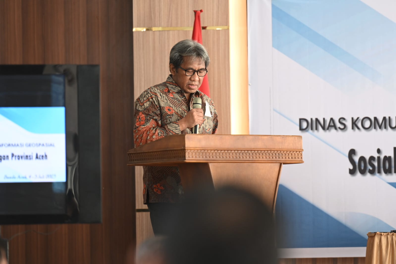 Kepala Pusat Pengelolaan dan Pengelolaan Informasi Geospasial (PPIG) Badan Informasi Geospasial Rachman Rifai pada Sosialisasi dan Bimbingan Teknis Geoportal Simpul Jaringan Provinsi Aceh di Aula Diskominsa Aceh, Selasa (4/7)