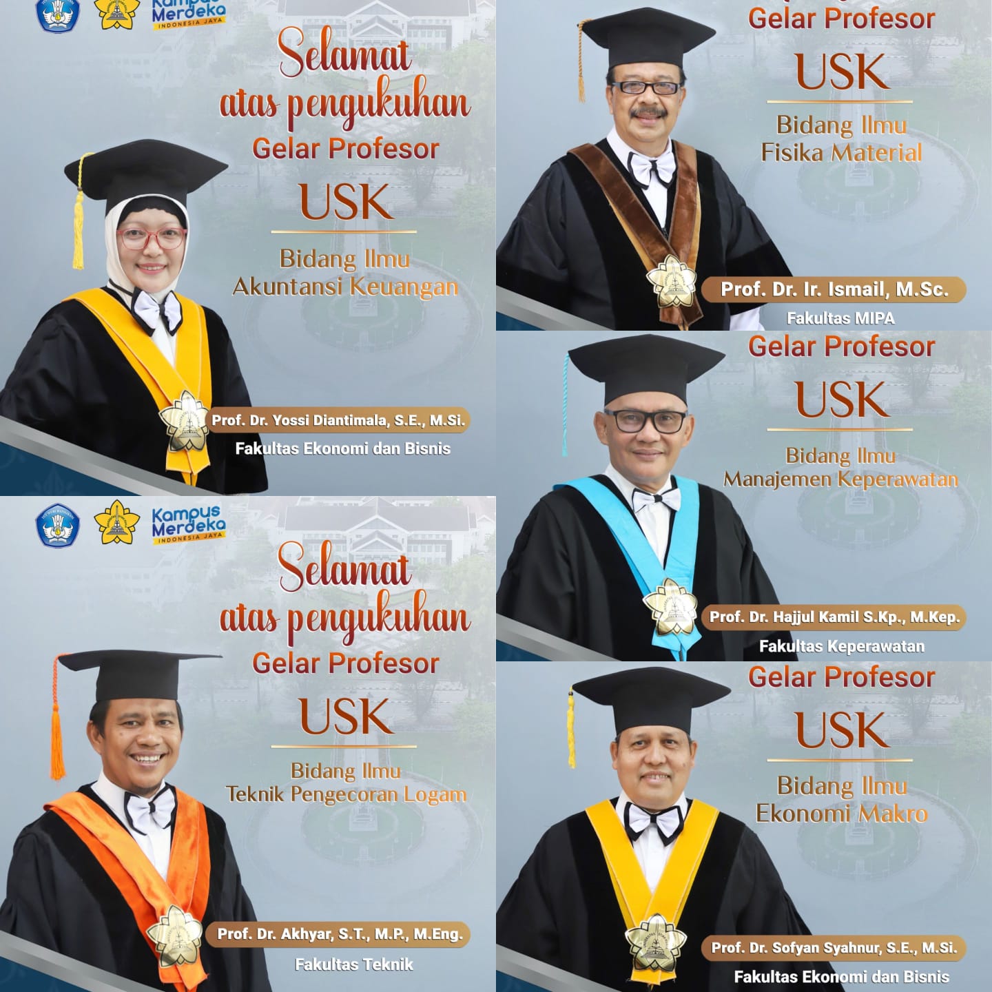 Universitas Syiah Kuala Banda Aceh melalui Sidang Terbuka Senat Akademik Universitas mengukuhkan lima profesor baru di Gedung AAC Dayan Dawood, Selasa, 18 Juli 2023