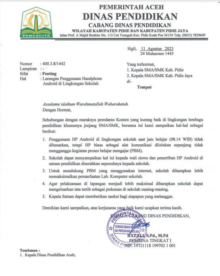 Surat larangan penggunaan HP Android di lingkungan sekolah SMA dan SMK di Pidie dan Pidie Jaya
