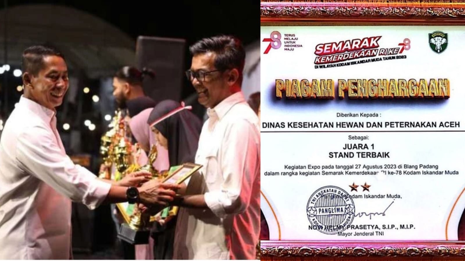 Pangdam IM Mayjen TNI Novi Helmy Prasetya menyerahkan piagam penghargaan stand terbaik kepada Kabid Pengolahan Pemasaran Hasil Peternakan Disnak Aceh Teuku Taufan Maulana Pribadi, saat menutup Expo Semarak Kemerdekaan RI ke-78 di Lapangan Blang Padang Banda Aceh, Ahad malam (27/8)