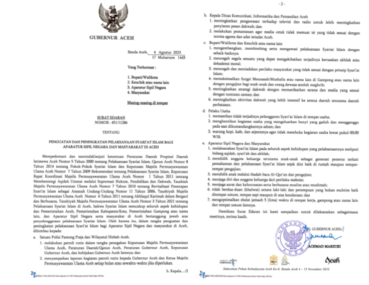 SE Nomor 451/11286 yang dikeluarkan oleh Pj Gubernur Aceh tentang Penguatan dan Peningkatan Pelaksanaan Syariat Islam Bagi Aparatur Sipil Negara dan Masyarakat di Aceh