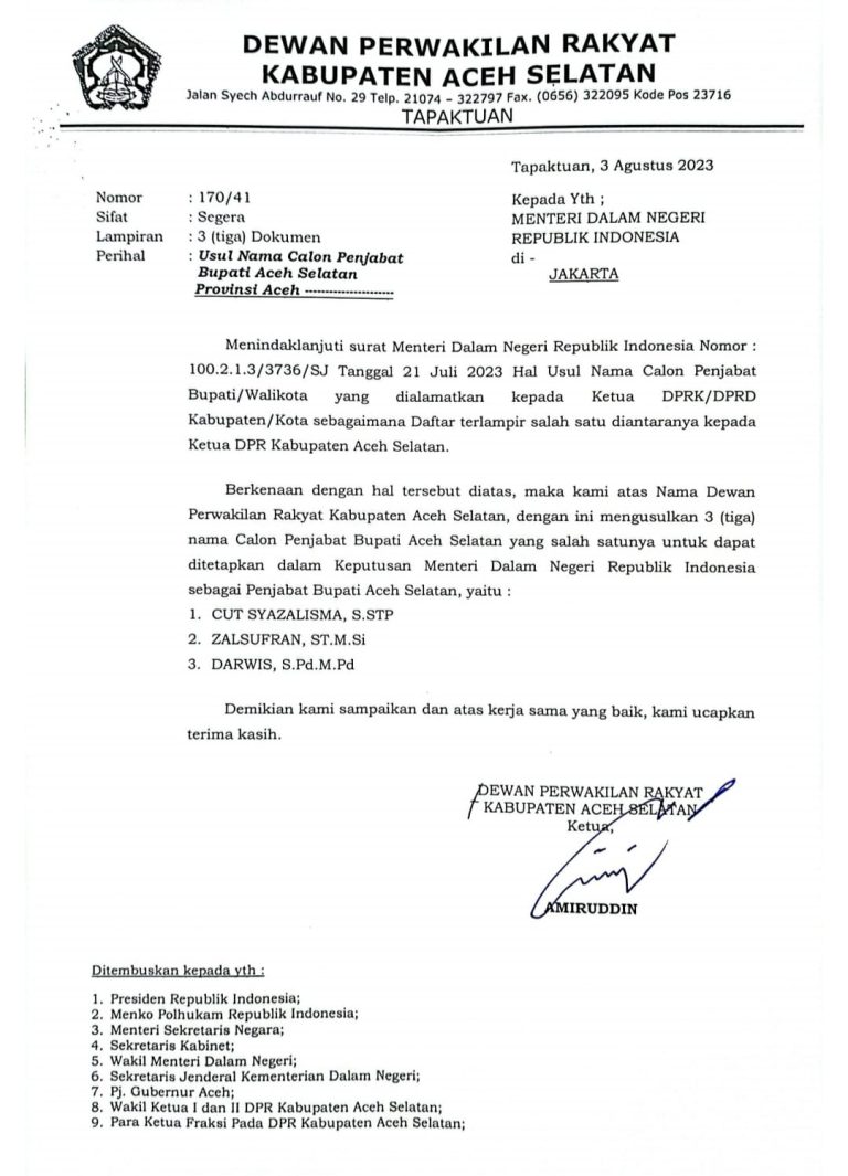 DPRK Aceh Selatan mengusulkan tiga nama calon Pj Bupati Aceh Selatan ke Mendagri