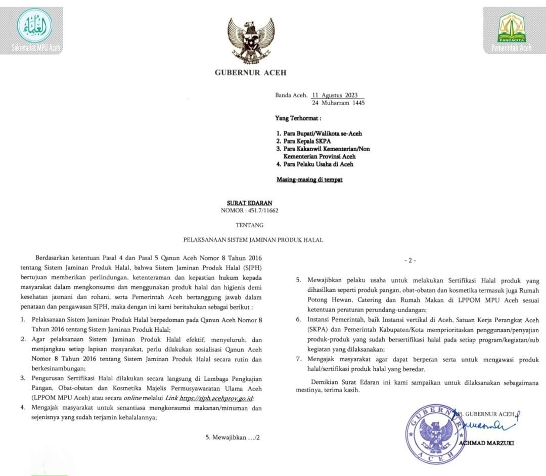 SE Gubernur Aceh Nomor 451.7/11662 tentang Pelaksanaan Sistem Jaminan Produk Halal yang ditandatangani Achmad Marzuki
