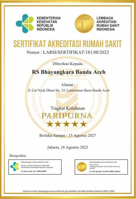 Rumah Sakit Bhayangkara Polda Aceh telah menjalani survei peningkatan akreditasi yang dilaksanakan Lembaga Akreditasi Rumah Sakit Indonesia (LARSI) dengan kelulusan Paripurna