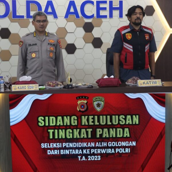 Karo SDM Polda Aceh Kombes Pol Fajar Budiyanto mengumumkan kelulusan Bintara Polri jajaran Polda Aceh hasil seleksi PAG dari Bintara ke Perwira Polri TA 2023 di Aula Machdum Sakti Mapolda Aceh, Selasa (26/9)