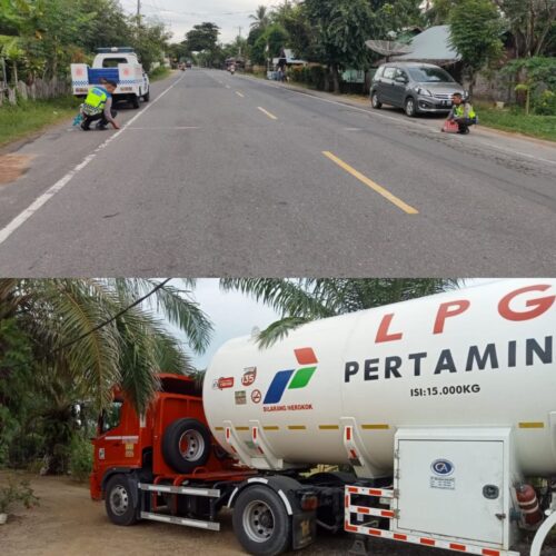 Unit Laka Satlantas Polres Aceh Timur melakukan olah TKP kecelakaan lalu lintas di Nurussalam yang mengakibatkan seorang siswa SD meninggal dunia karena dilindas truk tangki Pertamina, Selasa pagi (5/9)