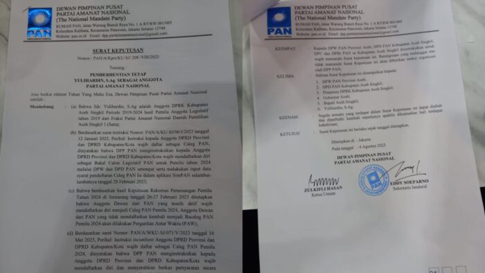 Surat Keputusan DPP PAN tentang pemberhentian Anggota DPRK Aceh Singkil dari Anggota PAN