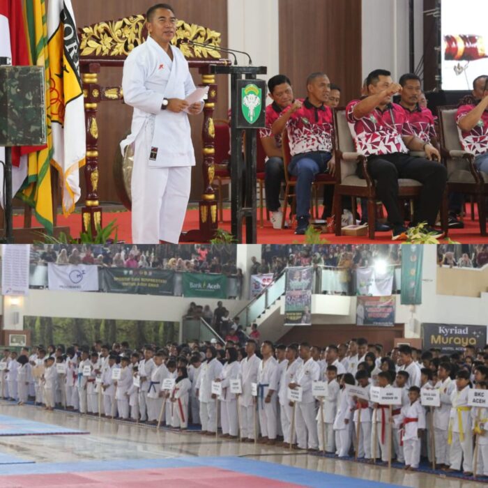 Kasdam IM Brigjen TNI Hadi Basuki mewakili Pangdam IM Mayjen TNI Novi Helmy Prasetya resmi membuka kejuaraan open Karate Championship Tahun 2023 Piala Pangdam Iskandar Muda di Balee Meuseuraya Aceh, Jum’at (15/9)