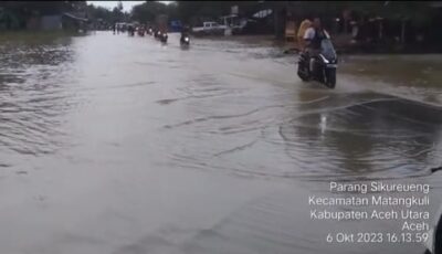 Sebanyak tiga kecamatan di Aceh Utara yaitu Kecamatan Matang Kuli, Pirak Timu dan Kecamatan Tanah Luas, terendam banjir, Jum'at (6/10/2023)