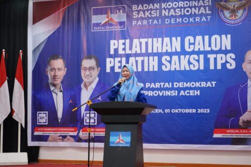 Kepala Badan Koordinasi Saksi Nasional (BKSN) Partai Demokrat Andi Timo Pangerang menghadiri pelatihan calon pelatih saksi TPS di Hotel Grand Aceh Syariah, Landom, Banda Aceh, Ahad (1/10)