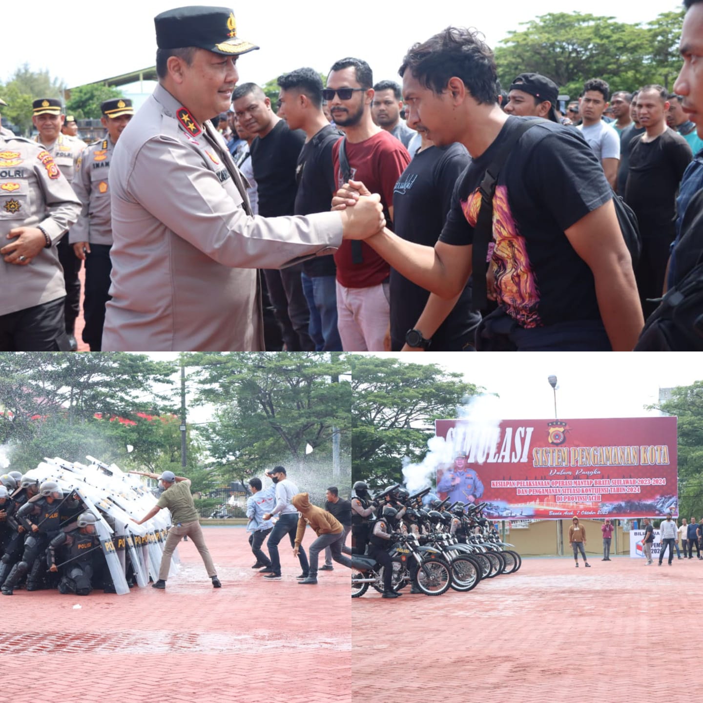 Kapolda Aceh Irjen Pol Achmad Kartiko saat menghadiri simulasi Sistem Pengamanan Kota (Sispamkota) Latihan Pra Operasi (Latpraops) Mantap Brata Seulawah di lapangan Mapolda Aceh, Sabtu (7/10)