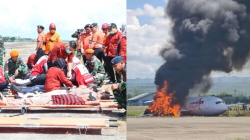 Pesawat Bintang Air yang mengangkut 148, tergelincir di Bandara SIM yang mengakibatkan mesin serta sayap pesawat patah kemudian terbakar, dalam latihan Airport Contigency dan Airport Emergency di Bandara Internasional SIM, Aceh Besar, Kamis (26/10)
