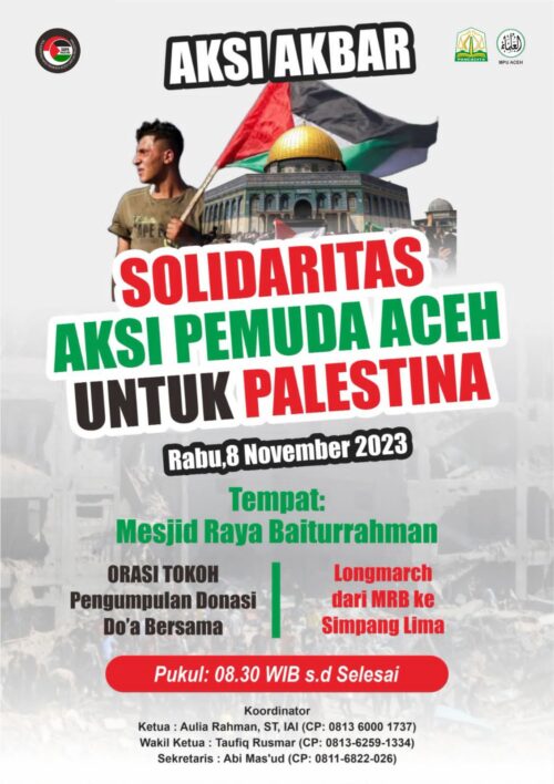 Solidaritas Pemuda Aceh menggelar aksi akbar untuk Palestina pada Rabu, 8 November 2023 di Masjid Raya Baiturrahman Banda Aceh