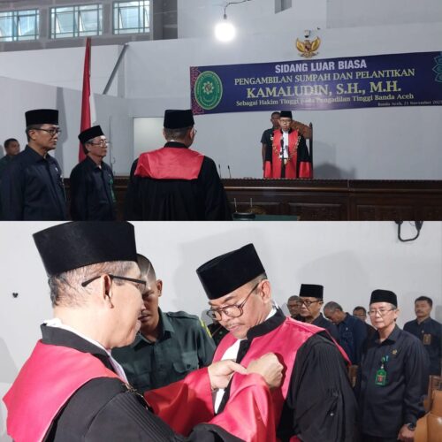 Ketua Pengadilan Tinggi Banda Aceh Dr H Suharjono SH MHum Selasa (21/11) dalam Sidang Luar Biasa melantik Kamaluddin SH MH sebagai Hakim Tinggi Pengadilan Tinggi Banda Aceh