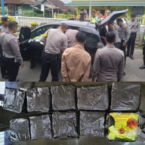 Personel Polres Aceh Tamiang mengamankan 10 bungkus sabu-sabu dan menangkap dua orang tersangka saat menggelar razia rutin dalam rangka Operasi Mantap Brata Seulawah di depan Mapolsek Kuala Simpang, Rabu (29/11). (Foto: Dok. Polres Aceh Tamiang)