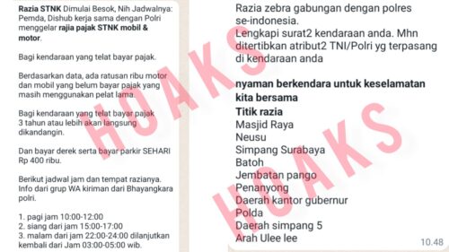 Pesan berantai melalui WhatsApp Group terkait informasi jadwal dan lokasi razia STNK, Polda Aceh memastikan itu hoaks