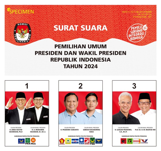 Surat suara pasangan capres-cawapres 2024 (Foto: Dok. KPU RI)
