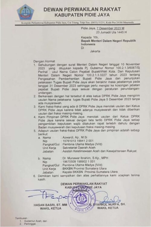 Usulan Calon Pj Bupati Pidie Jaya ke Mendagri versi Wakil Ketua DPRK Pidie Jaya