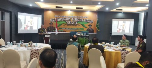 Kejati Aceh menggelar Rakerda tahun 2023 yang diikuti 23 Kajari dan 2 Kacabjari serta pejabat struktural selama dua hari 12-13 Desember 2023 di Hotel Kriyad Muraya Banda Aceh