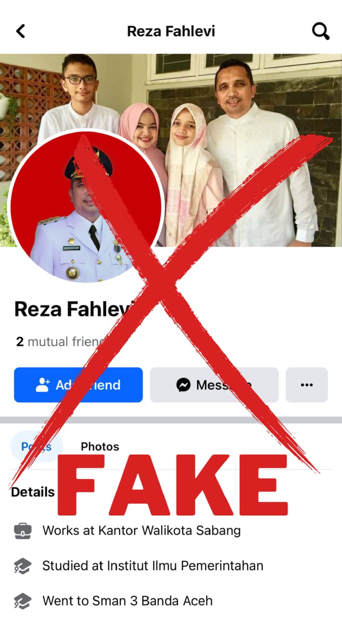 pencatutan nama Pj Wali Kota Sabang Reza Fahlevi, oleh oknum tidak bertanggung jawab melalui media sosial Facebook
