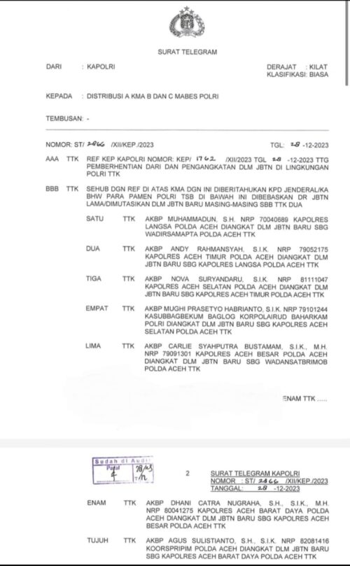 Kapolri Jenderal Pol Listyo Sigit Prabowo merotasi lima Kapolres di Aceh