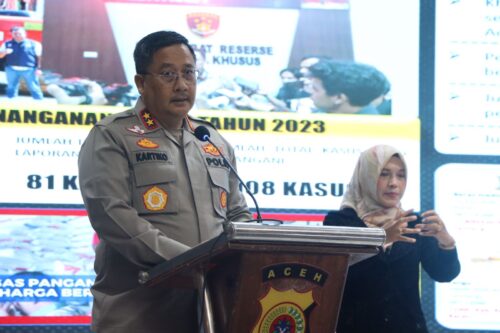 Kapolda Aceh Irjen Pol Achmad Kartiko menyampaikan pemaparannya dalam konferensi pers akhir tahun 2023 bersama wartawan, di Aula Presisi Polda Aceh, Rabu (28/12). (Foto: Dok. Humas Polda Aceh)