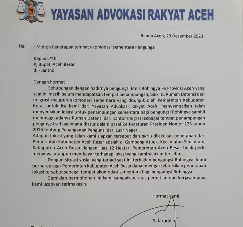 Surat Ketua YARA kepada Pj Bupati Aceh Besar yang meminta untuk penetapan lahan lokasi penampungan sementara pengungsi Rohingya di Seulimuem Aceh Besar