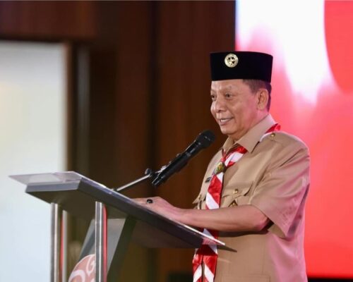 Pj Gubernur Aceh Achmad Marzuki memberikan sambutan pada pembukaan Musyawarah Nasional ke-11 Gerakan Pramuka Kwartir Nasional, di Balee Meuseuraya Aceh, Banda Aceh, Sabtu (2/12)