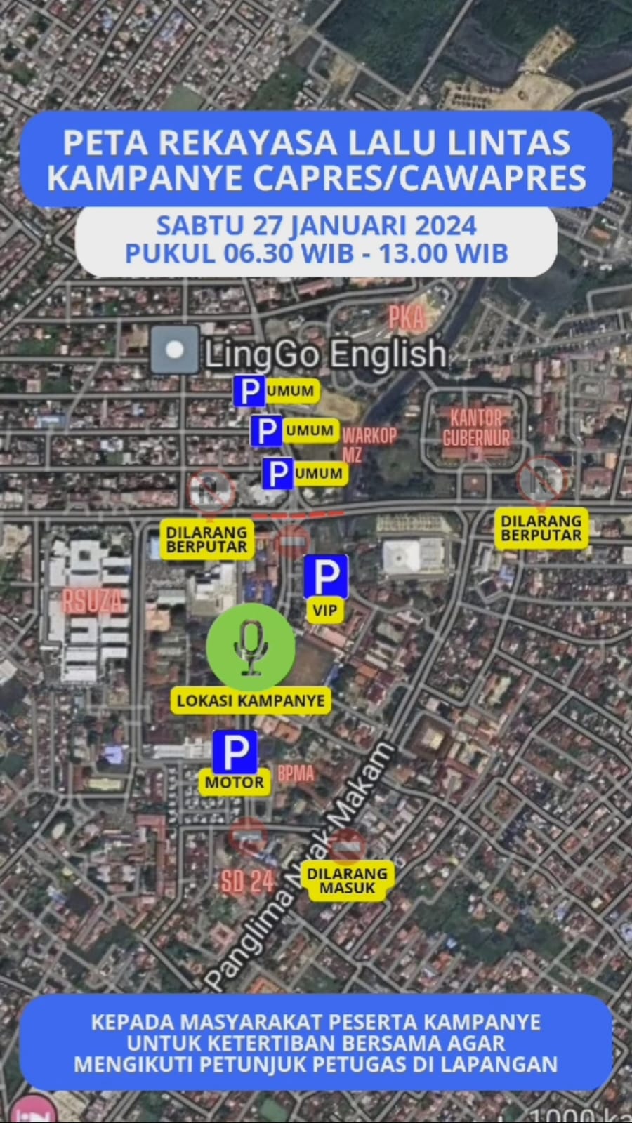Pihak Satlantas Polresta Banda Aceh menutup sejumlah ruas jalan menuju Stadion H Dimurthala Lampineung karena ada kampanye akbar Anies Baswedan pada Sabtu pagi (27/1)