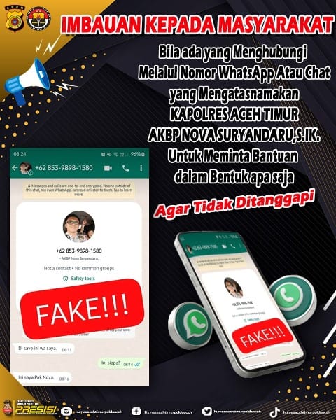 Nama Kapolres Aceh Timur AKBP Nova Suryandaru dicatut oleh penipu