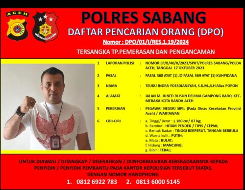 Polres Sabang hari Senin (22/1/2024) merilis penerbitan Daftar Pencarian Orang (DPO) terhadap oknum wartawan TIY alias Popon atas perkara tindak pidana Pemerasan dan Pengancama