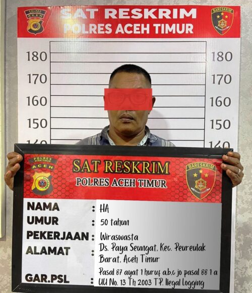 Satreskrim Polres Aceh Timur mengamankan HA (50), warga Desa Paya Seungat, Kecamatan Peureulak Barat, karena mengangkut 83 batang kayu olahan tanpa dilengkapi dokumen