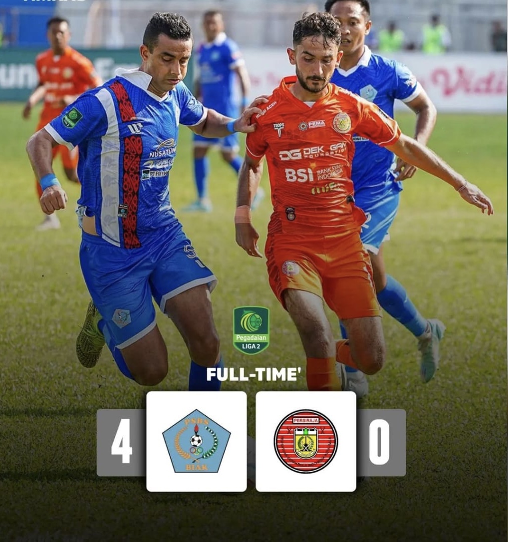PSBS Biak membantai Persiraja Banda Aceh dengan skor telak 4-0 dalam laga leg 2 semifinal Liga 2 2023/2024, di Stadion Cendrawasih, Biak Numfor, Papua, Kamis (29/2)