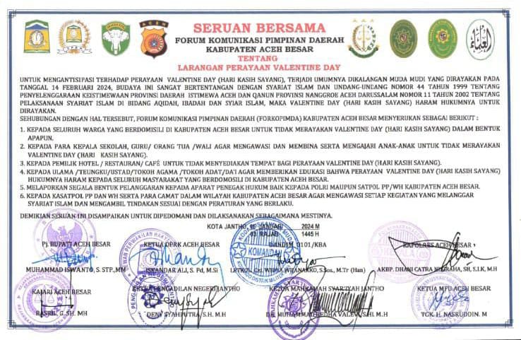 Seruan Bersama Forkopimda Aceh Besar yang melarang keras perayaan Valentine Day 14 Februari 2024