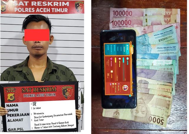 Opsnal Satreskrim Polres Aceh Timur mengamankan terduga pelaku Tindak Pidana Jarimah Maisir/Judi Chip Domino Highland, IR (26) warga Gampong Cot Geulumpang, Kecamatan Peureulak, Aceh Timur