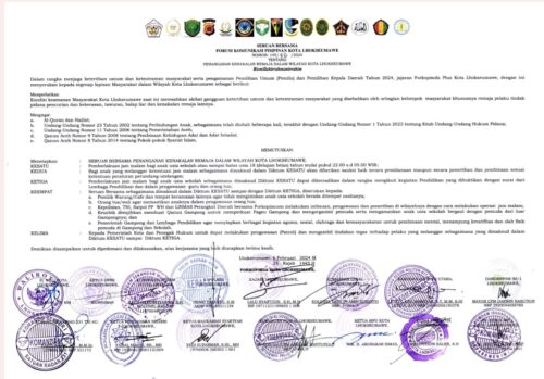Forkopimda Kota Lhokseumawe mengeluarkan Seruan Bersama Nomor 145/86/2024 Tentang Penanganan Kenakalan Remaja dalam Wilayah Kota Lhokseumawe berupa tawuran maupun geng motor
