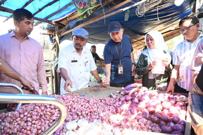 Asisten II Sekdakab Aceh Besar, M Ali bersama Kadis Pangan Alyadi dan Plt Kadiskopukmdag Trisna Darma dan Kepala BPS Aceh Besar Irnanto melakukan peninjauan di Pasar Induk Lambaro, Jum'at (23/2)